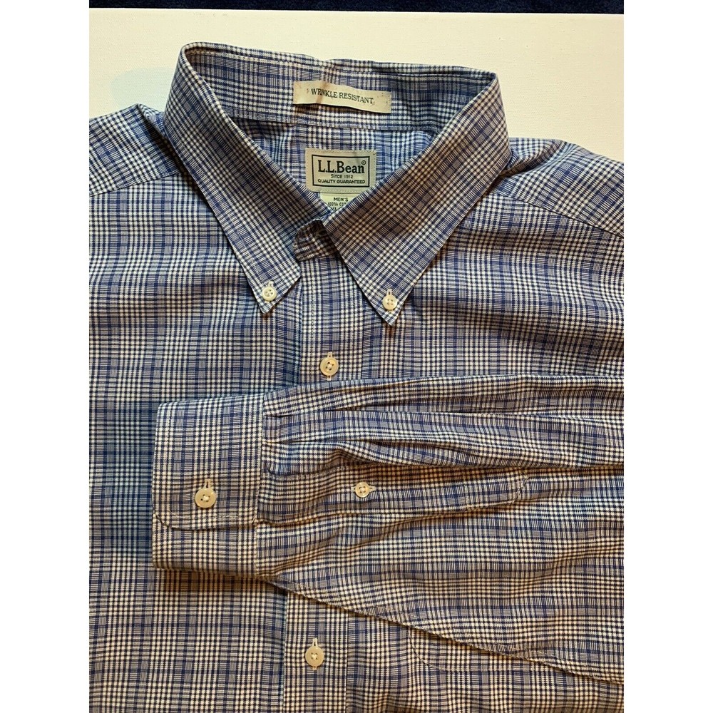 LL Bean Mens Button Wrinkle Free Traditional Blue Striped Long Sleeve Casual XL
